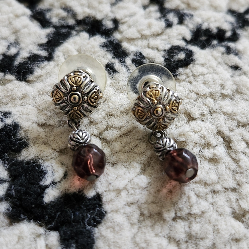 Elegant Silver and Gold-Toned Earrings with Purple Accents